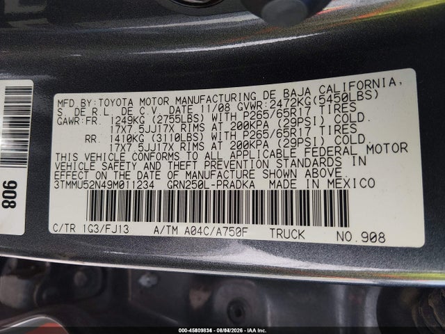 45809834 :رقم المزاد ، 3TMMU52N49M011234 vin ، 2009 Toyota Tacoma Base V6 مزاد بيع