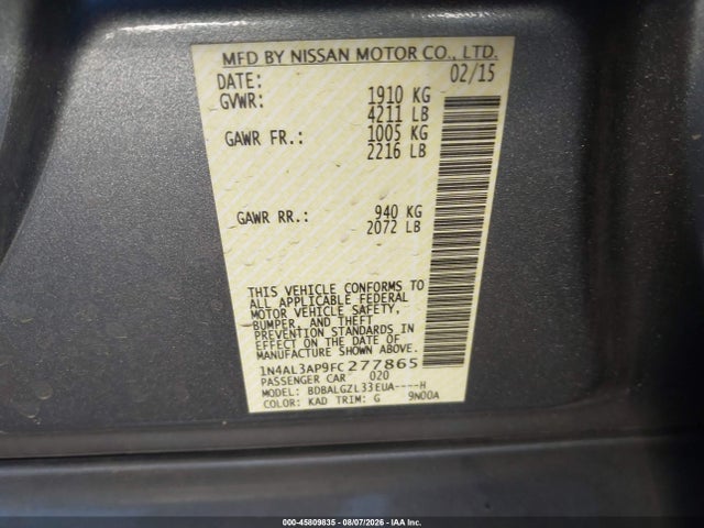 Nissan Altima 2.5 S 2015 1N4AL3AP9FC277865 Image 9