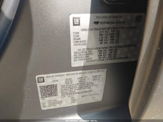 Auction sale of the 2020 Gmc Sierra 1500 4wd  Short Box At4, vin: 3GTP9EED6LG199195, lot number: 45809850