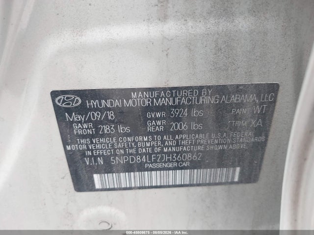 Продаж на аукціоні авто 2018 Hyundai Elantra Value Edition, vin: 5NPD84LF2JH360862, номер лоту: 45809875