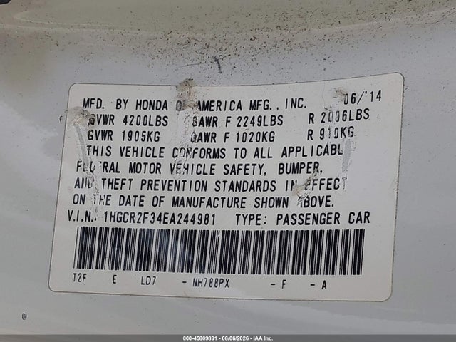 Honda ACCORD LX 2014 1HGCR2F34EA244981 Image 9