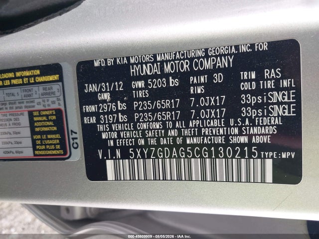 45809909 :رقم المزاد ، 5XYZGDAG5CG130215 vin ، 2012 Hyundai Santa Fe Gls V6 مزاد بيع
