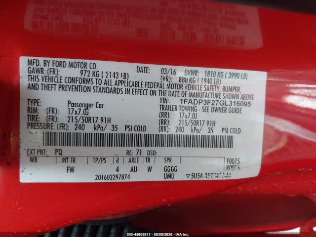 1FADP3F27GL316095 Ford FOCUS SE