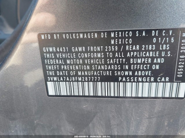 45809919 :رقم المزاد ، 3VWLA7AJ8FM287777 vin ، 2015 Volkswagen Jetta 2.0l Tdi Se مزاد بيع
