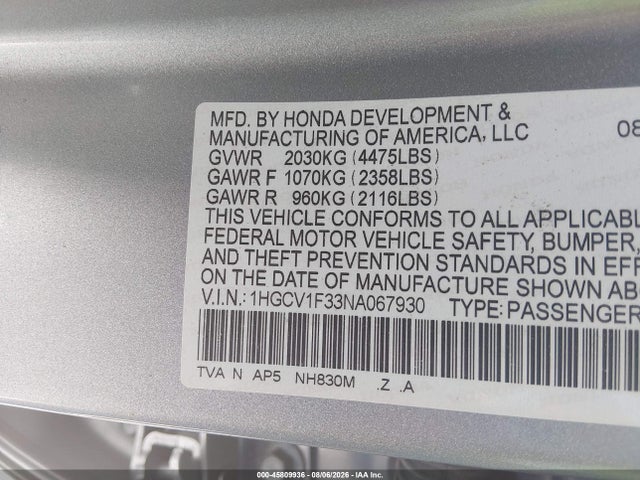 Aukcja sprzedaży 2022 Honda Accord Sport, vin: 1HGCV1F33NA067930, numer aukcji: 45809936