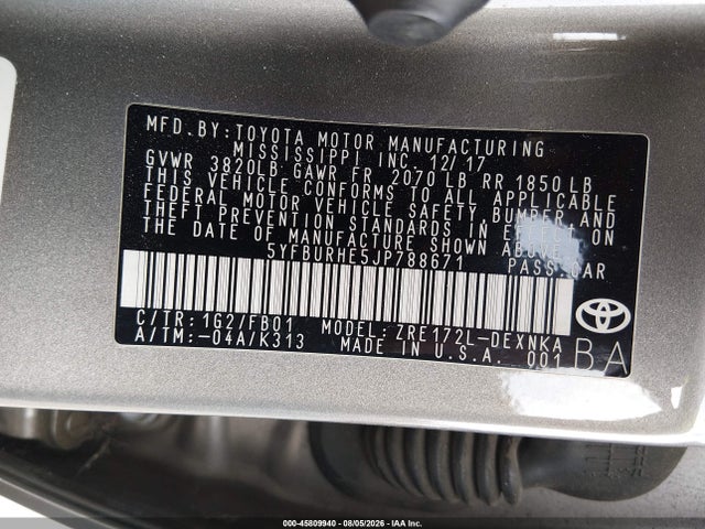 Продаж на аукціоні авто 2018 Toyota Corolla Le, vin: 5YFBURHE5JP788671, номер лоту: 45809940