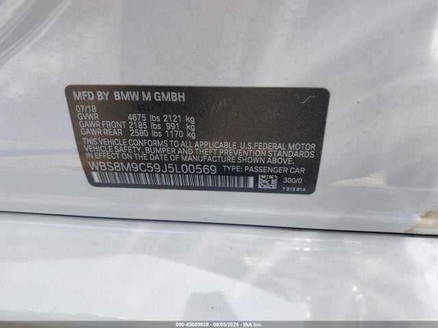 Aukcja sprzedaży 2018 Bmw M3, vin: WBS8M9C59J5L00569, numer aukcji: 45809939