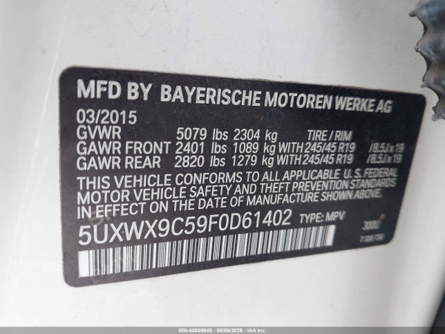 Продажа на аукционе авто 2015 Bmw X3 Xdrive28i, vin: 5UXWX9C59F0D61402, номер лота: 45809946