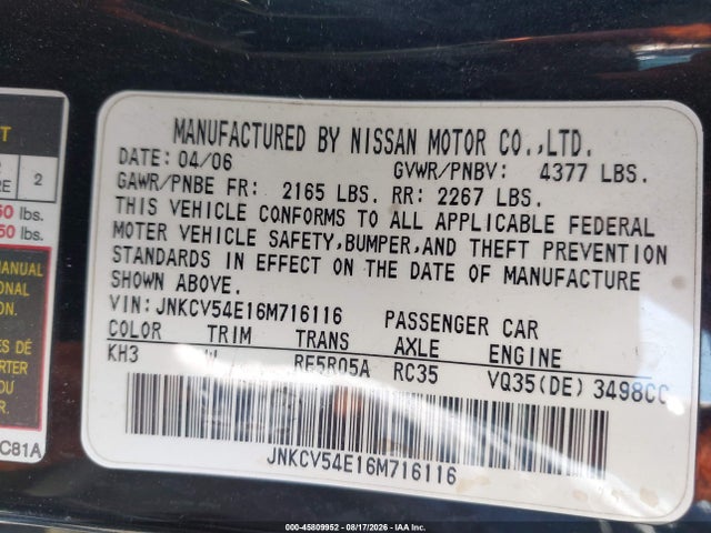 2006 Infiniti G35 მანქანა იყიდება აუქციონზე, vin: JNKCV54E16M716116, აუქციონის ნომერი: 45809952
