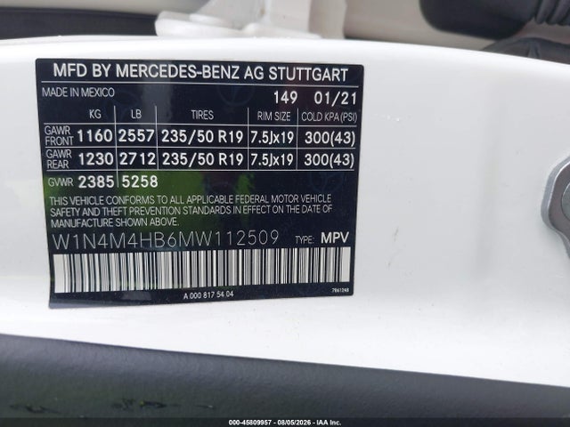 Aukcja sprzedaży 2021 Mercedes-benz Glb 250 4matic, vin: W1N4M4HB6MW112509, numer aukcji: 45809957
