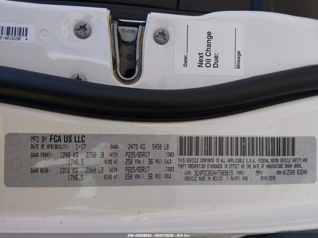 45809958 :رقم المزاد ، 3C4PDCBGXHT589815 vin ، 2017 Dodge Journey Sxt مزاد بيع