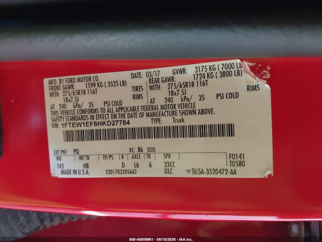 45809961 :رقم المزاد ، 1FTEW1EF6HKD27784 vin ، 2017 Ford F-150 Lariat مزاد بيع
