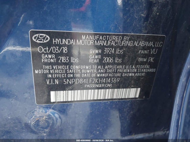 2019 Hyundai Elantra Value Edition მანქანა იყიდება აუქციონზე, vin: 5NPD84LF2KH414369, აუქციონის ნომერი: 45809968