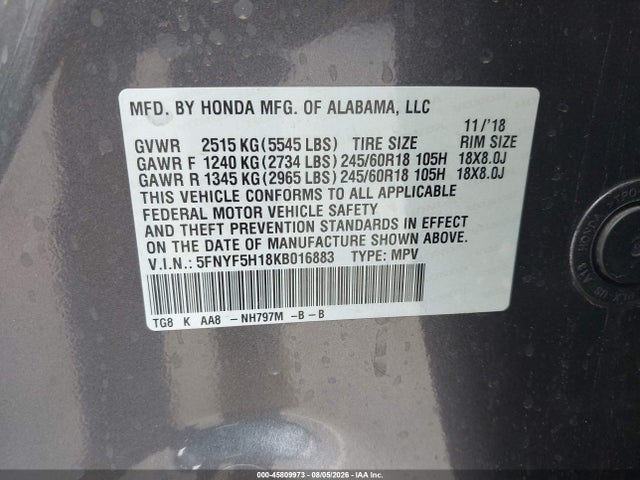 Honda PILOT LX 2019 5FNYF5H18KB016883 Image 9