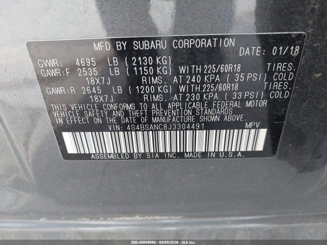 Subaru Outback 2.5i Limited 2018 4S4BSANC8J3304491 Image 9