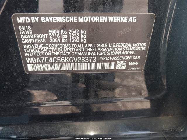 45810004 :رقم المزاد ، WBA7E4C56KGV28373 vin ، 2019 Bmw 740i Xdrive مزاد بيع