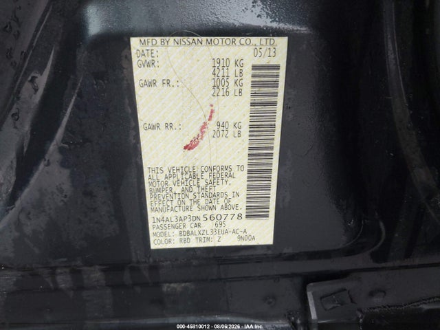 2013 Nissan Altima 2.5 Sl მანქანა იყიდება აუქციონზე, vin: 1N4AL3AP3DN560778, აუქციონის ნომერი: 45810012