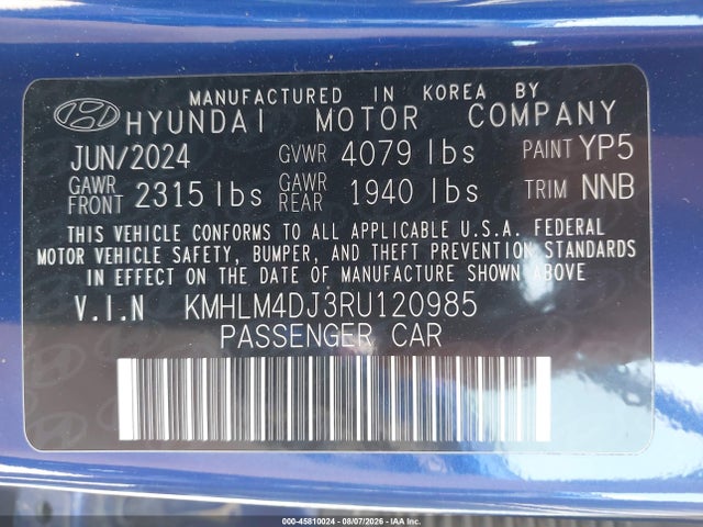 Aukcja sprzedaży 2024 Hyundai Elantra Hybrid Blue, vin: KMHLM4DJ3RU120985, numer aukcji: 45810024