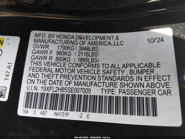 Продаж на аукціоні авто 2025 Honda Civic Sedan Sport, vin: 19XFL2H85SE007009, номер лоту: 45810025