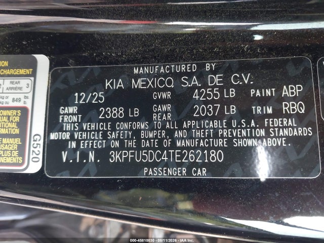 2026 Kia K4 Gt-line Turbo მანქანა იყიდება აუქციონზე, vin: 3KPFU5DC4TE262180, აუქციონის ნომერი: 45810030