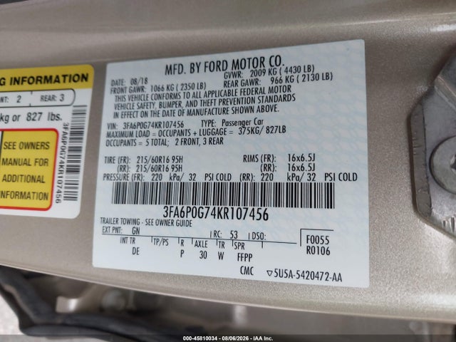 3FA6P0G74KR107456 Ford FUSION S