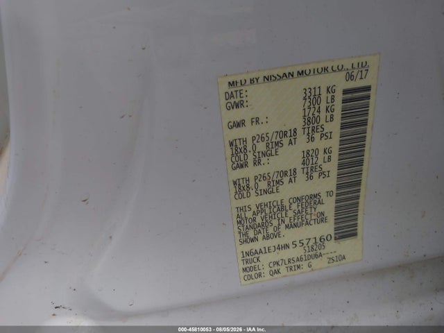 2017 Nissan Titan S მანქანა იყიდება აუქციონზე, vin: 1N6AA1EJ4HN557160, აუქციონის ნომერი: 45810053