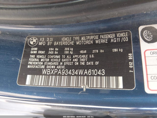 2004 Bmw X3 3.0i მანქანა იყიდება აუქციონზე, vin: WBXPA93434WA61043, აუქციონის ნომერი: 45810054