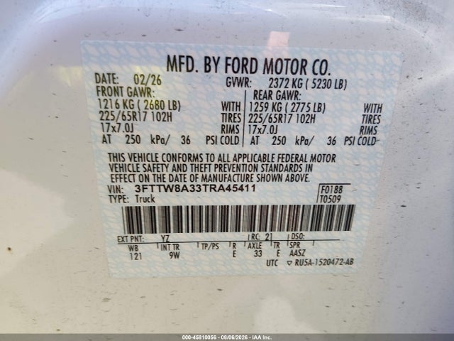2026 Ford Maverick Xl მანქანა იყიდება აუქციონზე, vin: 3FTTW8A33TRA45411, აუქციონის ნომერი: 45810056