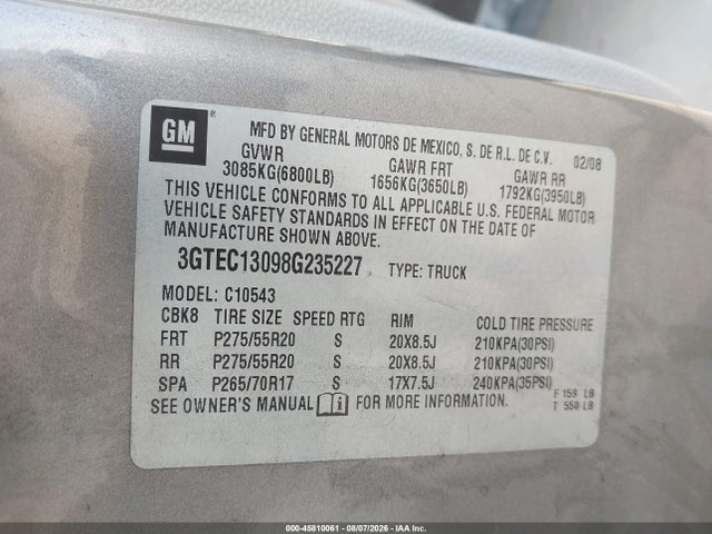 Aukcja sprzedaży 2008 Gmc Sierra 1500 Sle1, vin: 3GTEC13098G235227, numer aukcji: 45810061