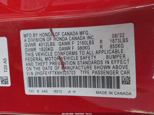 Honda CIVIC EX 2022 2HGFE1F7XNH325703 Image 9