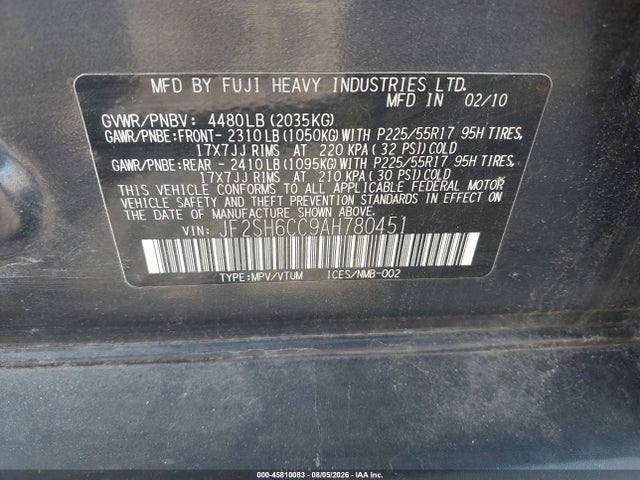 Aukcja sprzedaży 2010 Subaru Forester 2.5x Premium, vin: JF2SH6CC9AH780451, numer aukcji: 45810083