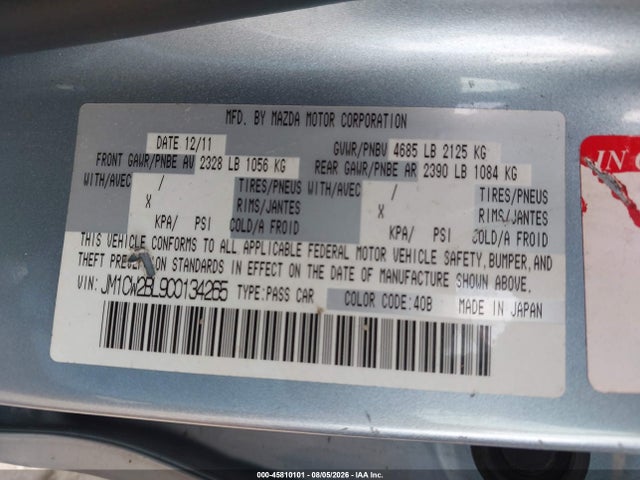 Aukcja sprzedaży 2012 Mazda Mazda5 Sport, vin: JM1CW2BL9C0134265, numer aukcji: 45810101