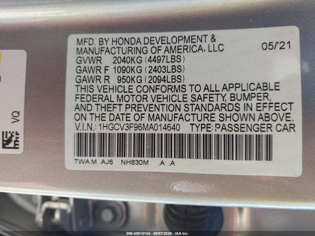 Aukcja sprzedaży 2021 Honda Accord Hybrid Touring, vin: 1HGCV3F96MA014640, numer aukcji: 45810104