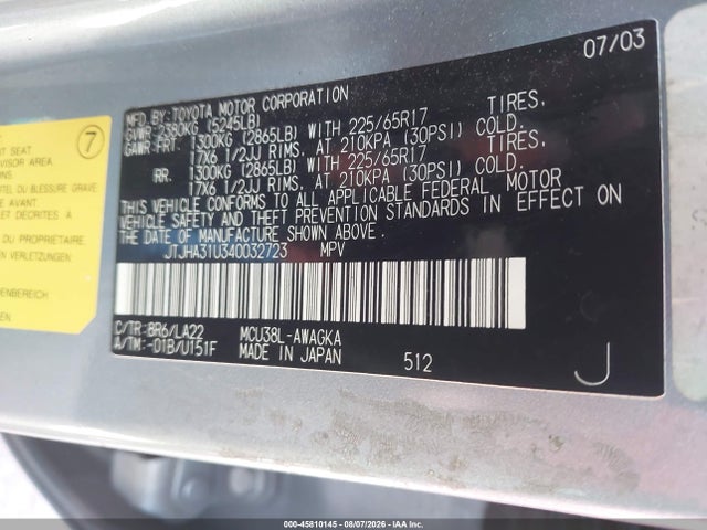 Auction sale of the 2004 Lexus Rx 330, vin: JTJHA31U340032723, lot number: 45810145