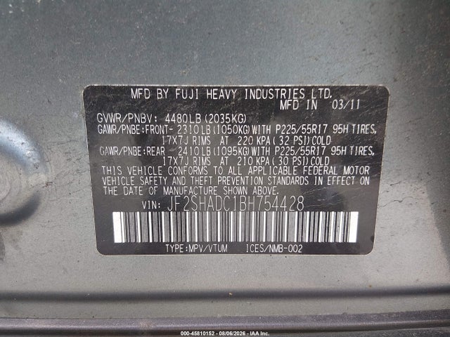 Продаж на аукціоні авто 2011 Subaru Forester 2.5x Premium, vin: JF2SHADC1BH754428, номер лоту: 45810152