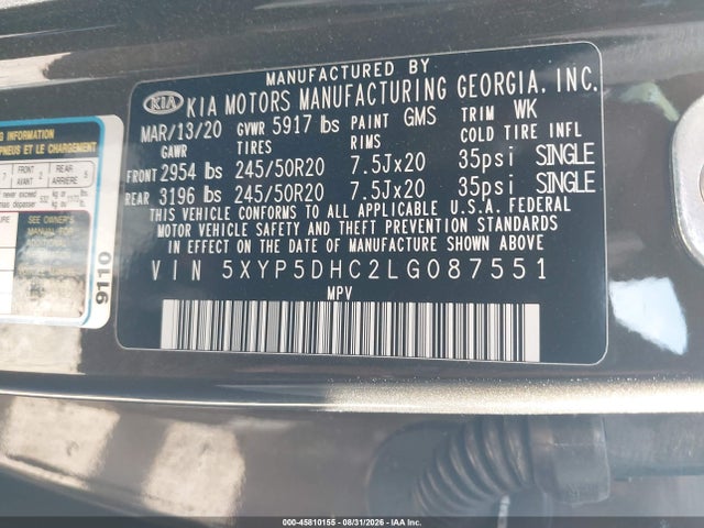 45810155 :رقم المزاد ، 5XYP5DHC2LG087551 vin ، 2020 Kia Telluride Sx مزاد بيع