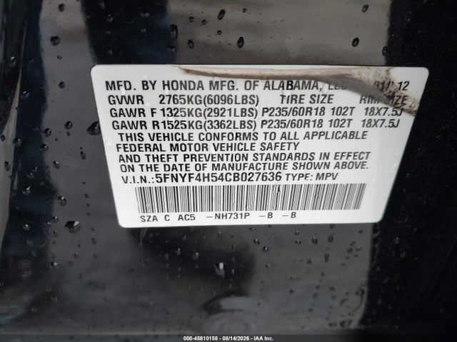 45810158 :رقم المزاد ، 5FNYF4H54CB027636 vin ، 2012 Honda Pilot Ex-l مزاد بيع