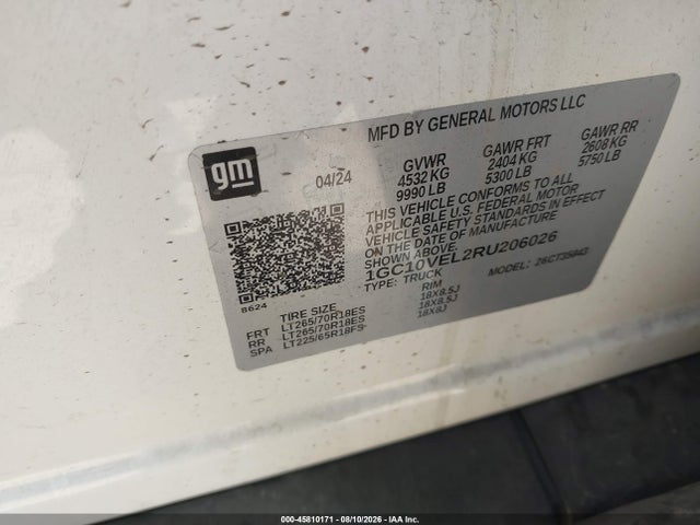 45810171 :رقم المزاد ، 1GC10VEL2RU206026 vin ، 2024 Chevrolet Silverado Ev Work Truck مزاد بيع