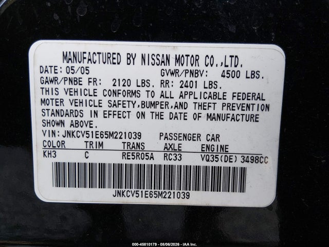 Продажа на аукционе авто 2005 Infiniti G35, vin: JNKCV51E65M221039, номер лота: 45810179