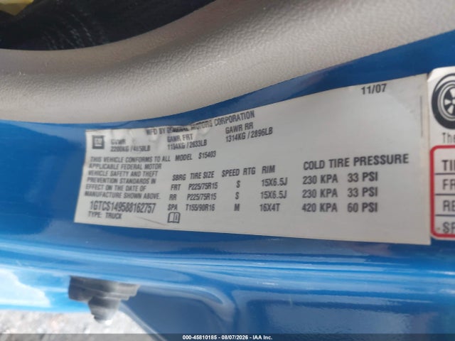 45810185 :رقم المزاد ، 1GTCS149588162757 vin ، 2008 Gmc Canyon Sl مزاد بيع