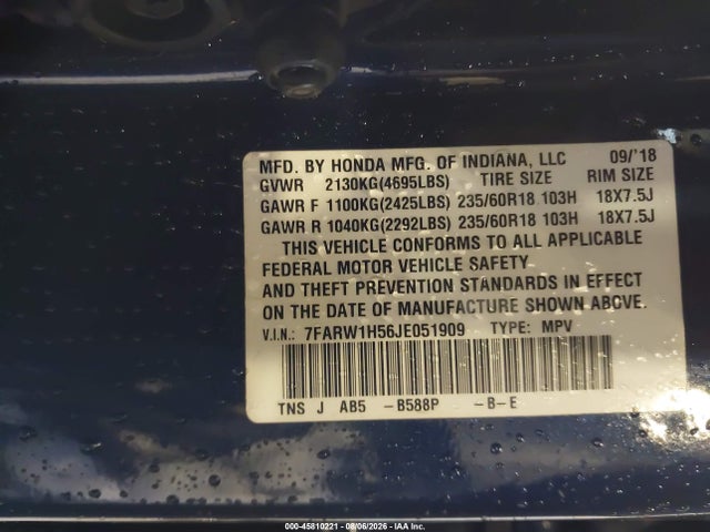 45810221 :رقم المزاد ، 7FARW1H56JE051909 vin ، 2018 Honda Cr-v Ex مزاد بيع