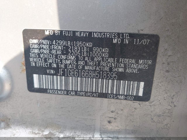 45810220 :رقم المزاد ، JF1GE61668H518395 vin ، 2008 Subaru Impreza 2.5i مزاد بيع