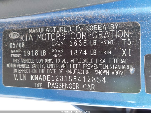 2008 Kia Rio Lx მანქანა იყიდება აუქციონზე, vin: KNADE123186412854, აუქციონის ნომერი: 45810224