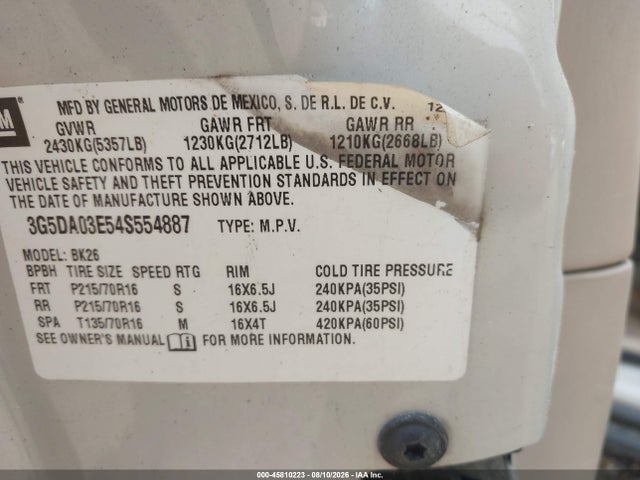 2004 Buick Rendezvous Cx მანქანა იყიდება აუქციონზე, vin: 3G5DA03E54S554887, აუქციონის ნომერი: 45810223