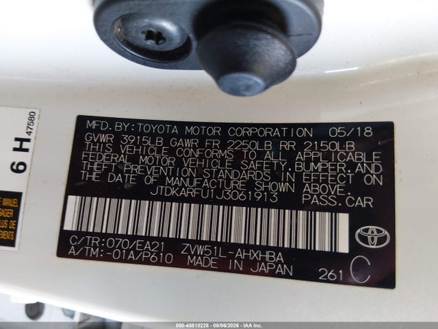 2018 Toyota Prius Four Touring მანქანა იყიდება აუქციონზე, vin: JTDKARFU1J3061913, აუქციონის ნომერი: 45810228