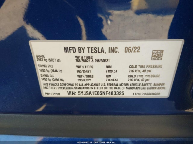 5YJSA1E65NF483325 Tesla Model S Plaid Tri Motor All-wheel Drive