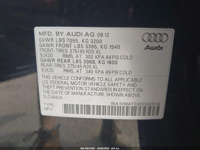 Продажа на аукционе авто 2013 Audi Q7 3.0 Tdi Premium, vin: WA1VMAFE9DD003118, номер лота: 45810267