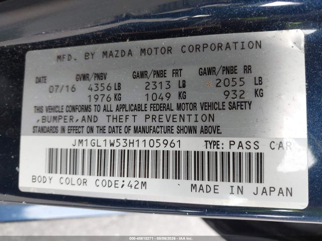 Aukcja sprzedaży 2017 Mazda Mazda6 Grand Touring, vin: JM1GL1W53H1105961, numer aukcji: 45810271