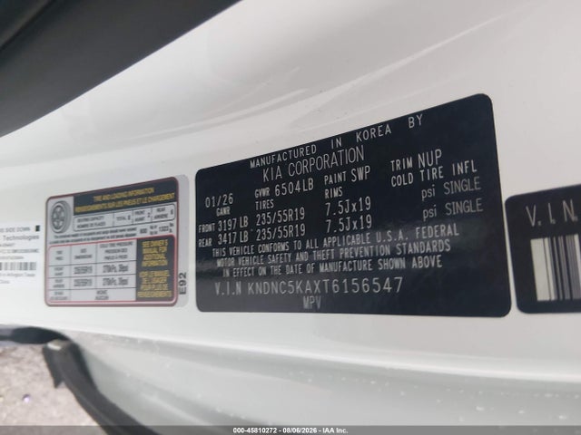 Aukcja sprzedaży 2026 Kia Carnival Mpv Hybrid Ex, vin: KNDNC5KAXT6156547, numer aukcji: 45810272