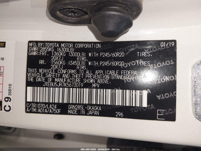Auction sale of the 2019 Toyota 4runner Limited, vin: JTEBU5JR7K5673019, lot number: 45810289